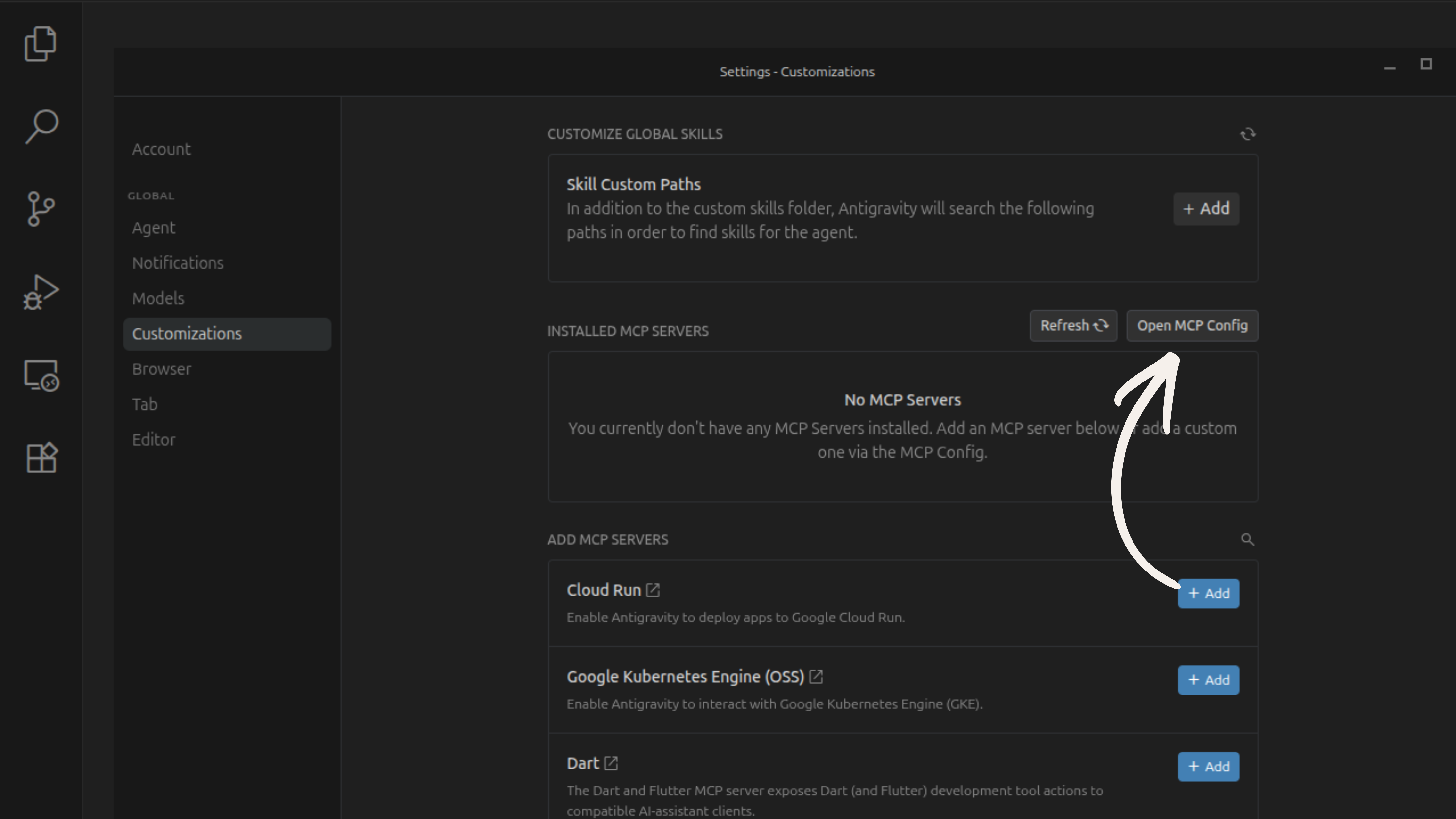 Antigravity Settings Customizations panel showing No MCP Servers with arrow pointing to Open MCP Config button