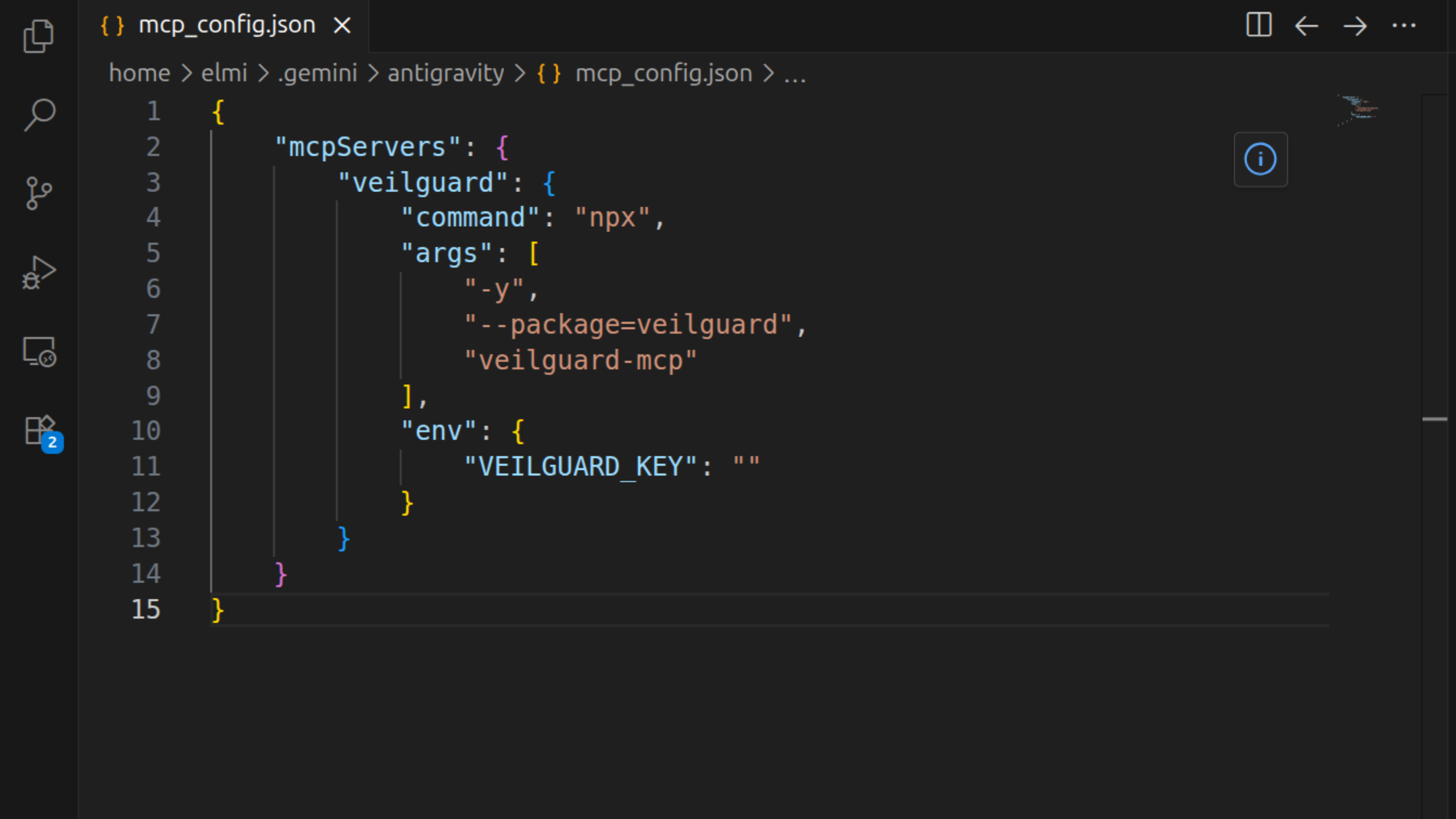 The mcp_config.json file open in Antigravity with the veilguard config pasted in