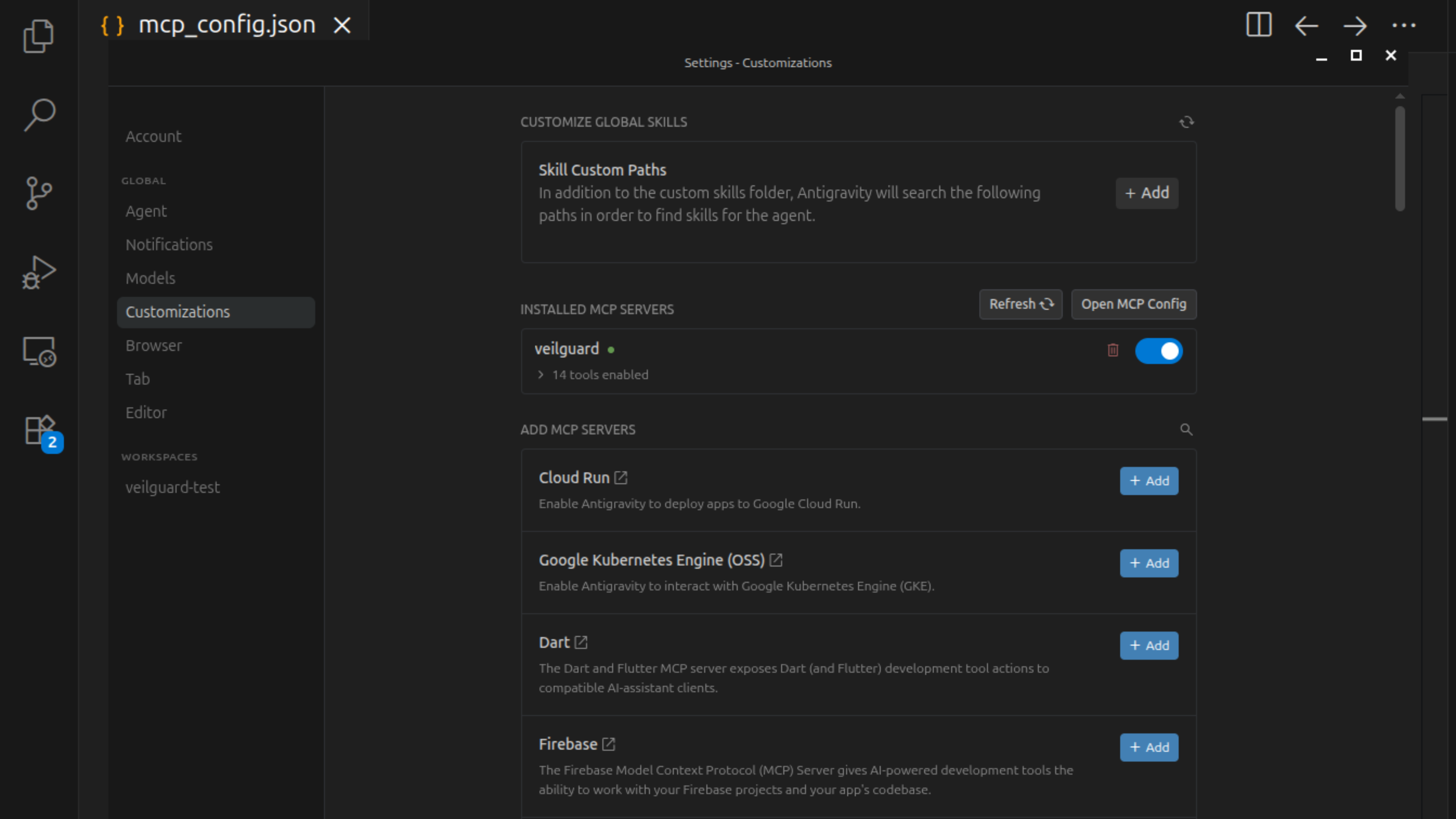 Antigravity Settings Customizations showing veilguard installed with green dot and 14 tools enabled