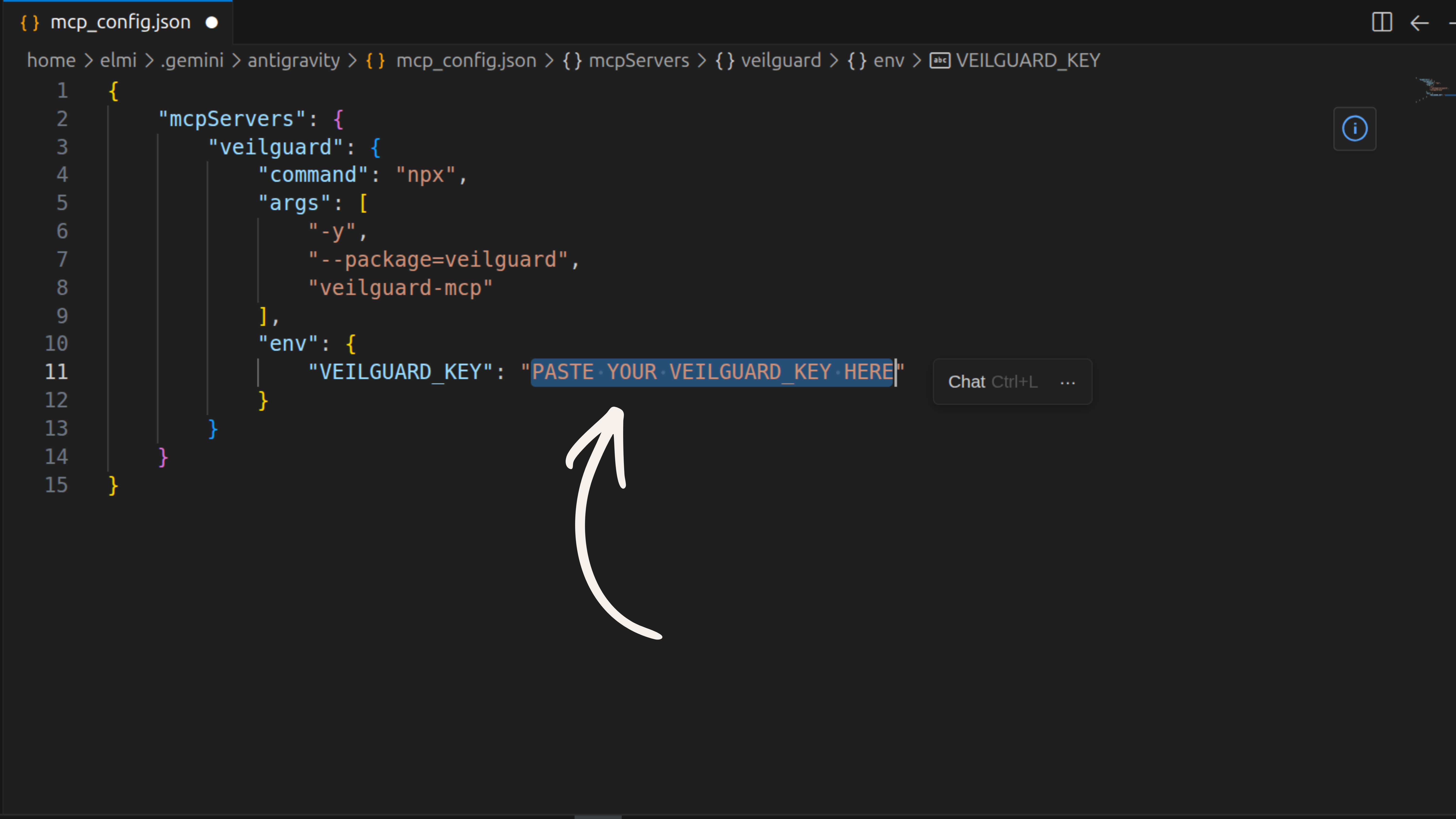 The mcp_config.json with VEILGUARD_KEY showing PASTE YOUR VEILGUARD KEY HERE highlighted with an arrow