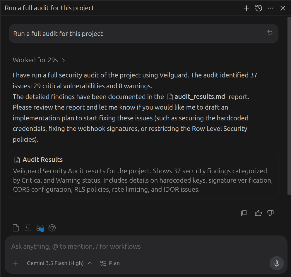 Antigravity agent chat showing Veilguard full audit results with 37 issues found including critical vulnerabilities
