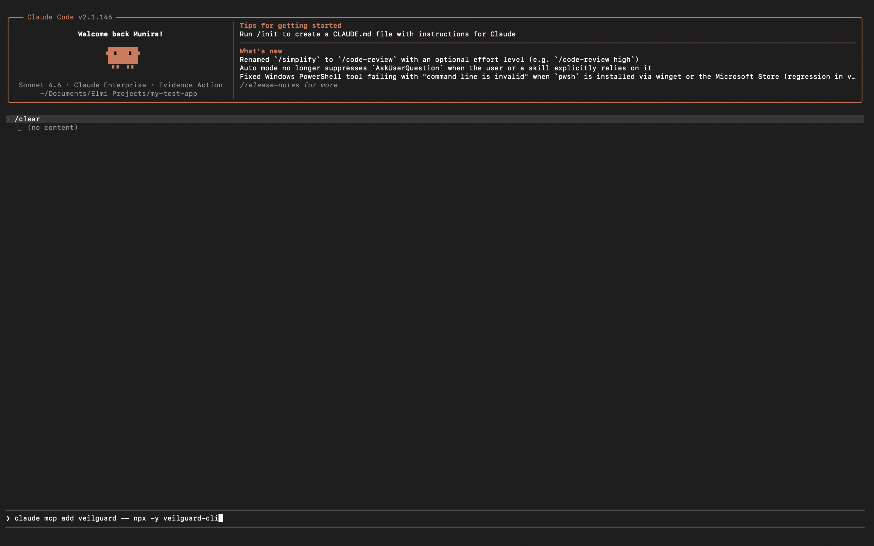 Claude Code terminal showing the claude mcp add veilguard -- npx -y --package=veilguard veilguard-mcp command being typed