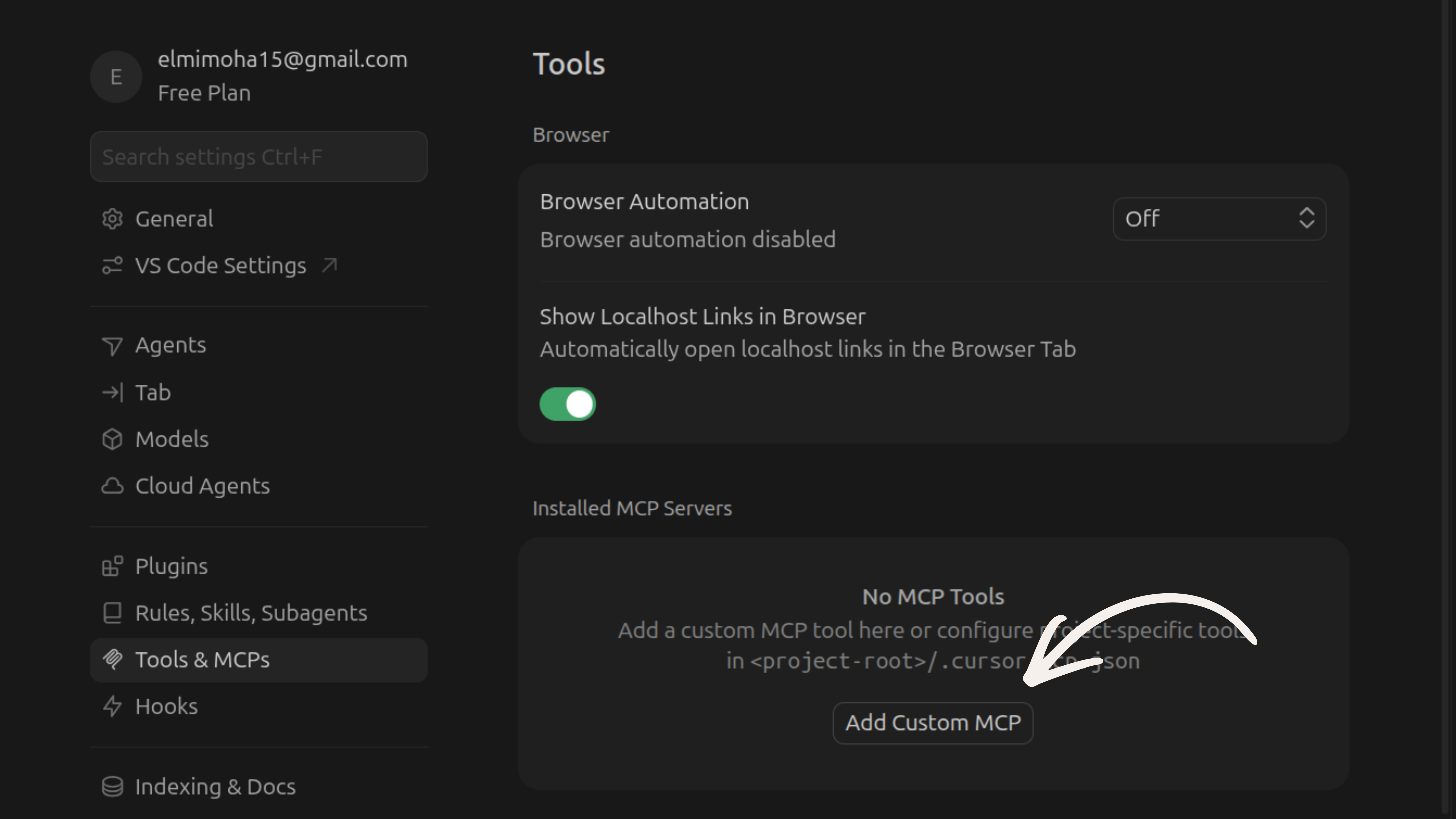 Cursor Settings showing Tools & MCPs panel with No MCP Tools message and arrow pointing to it
