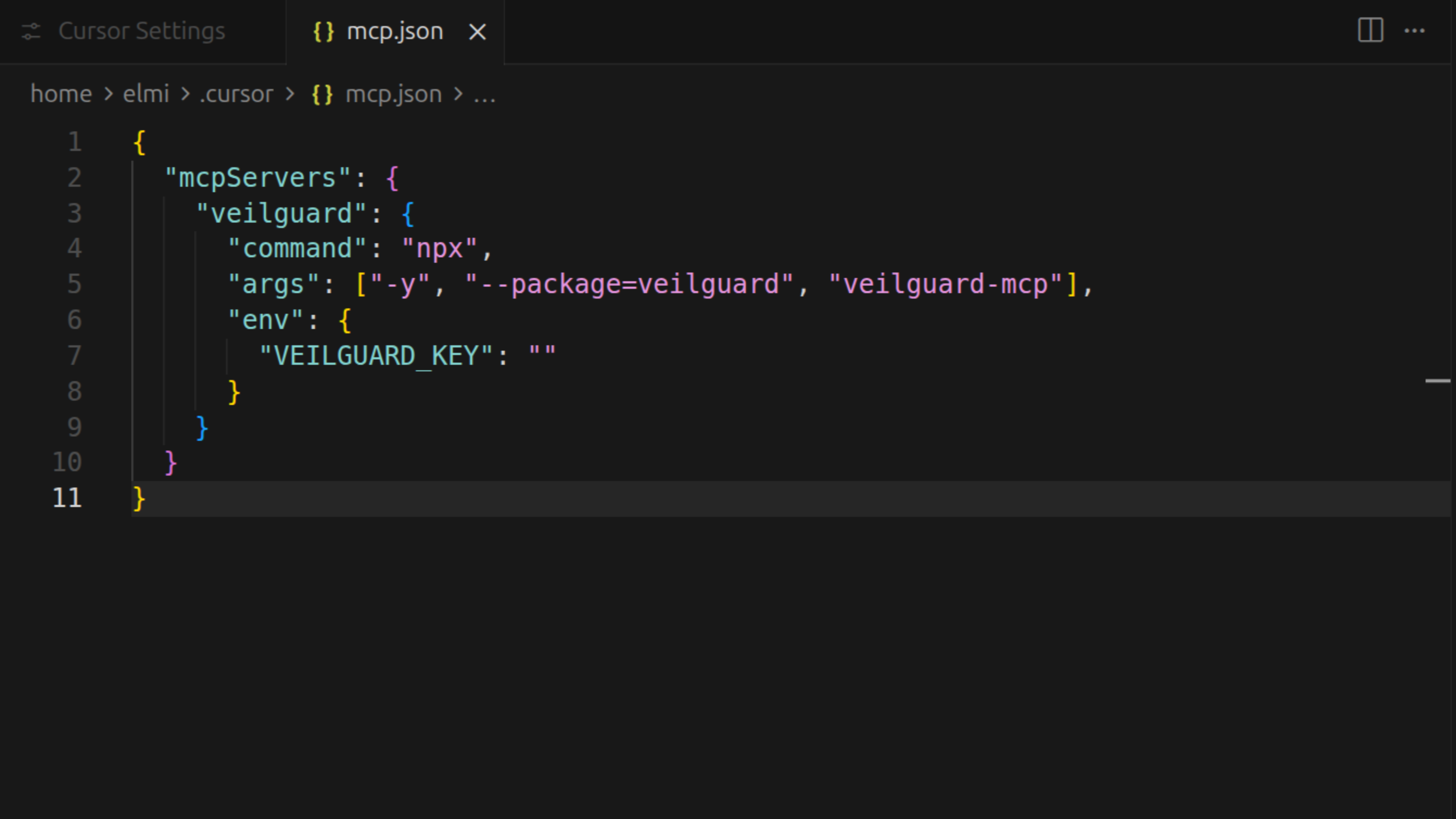 The .cursor/mcp.json file open in Cursor with the veilguard MCP server config pasted in