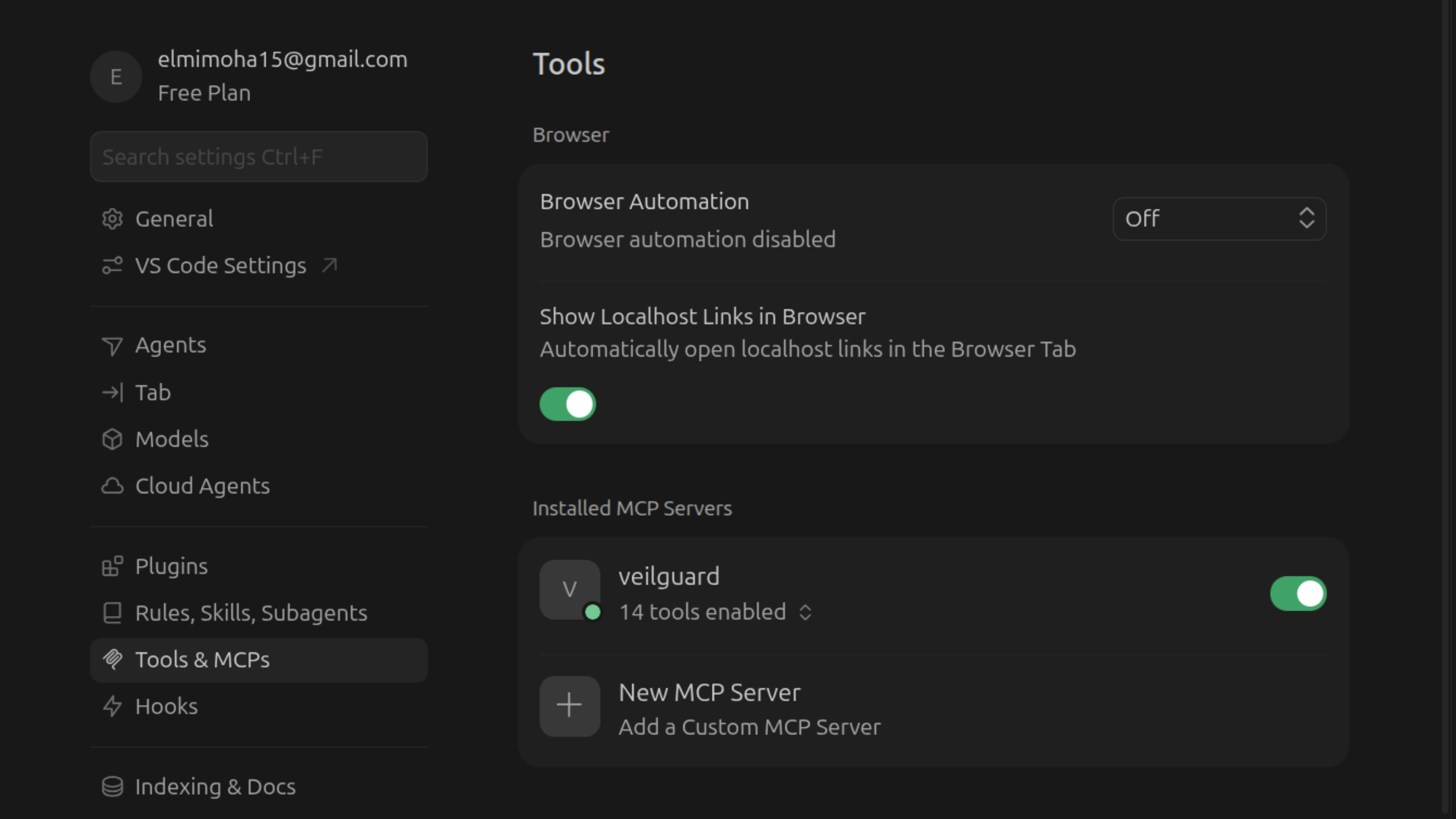 Cursor Tools & MCPs showing veilguard installed with 14 tools enabled and green toggle