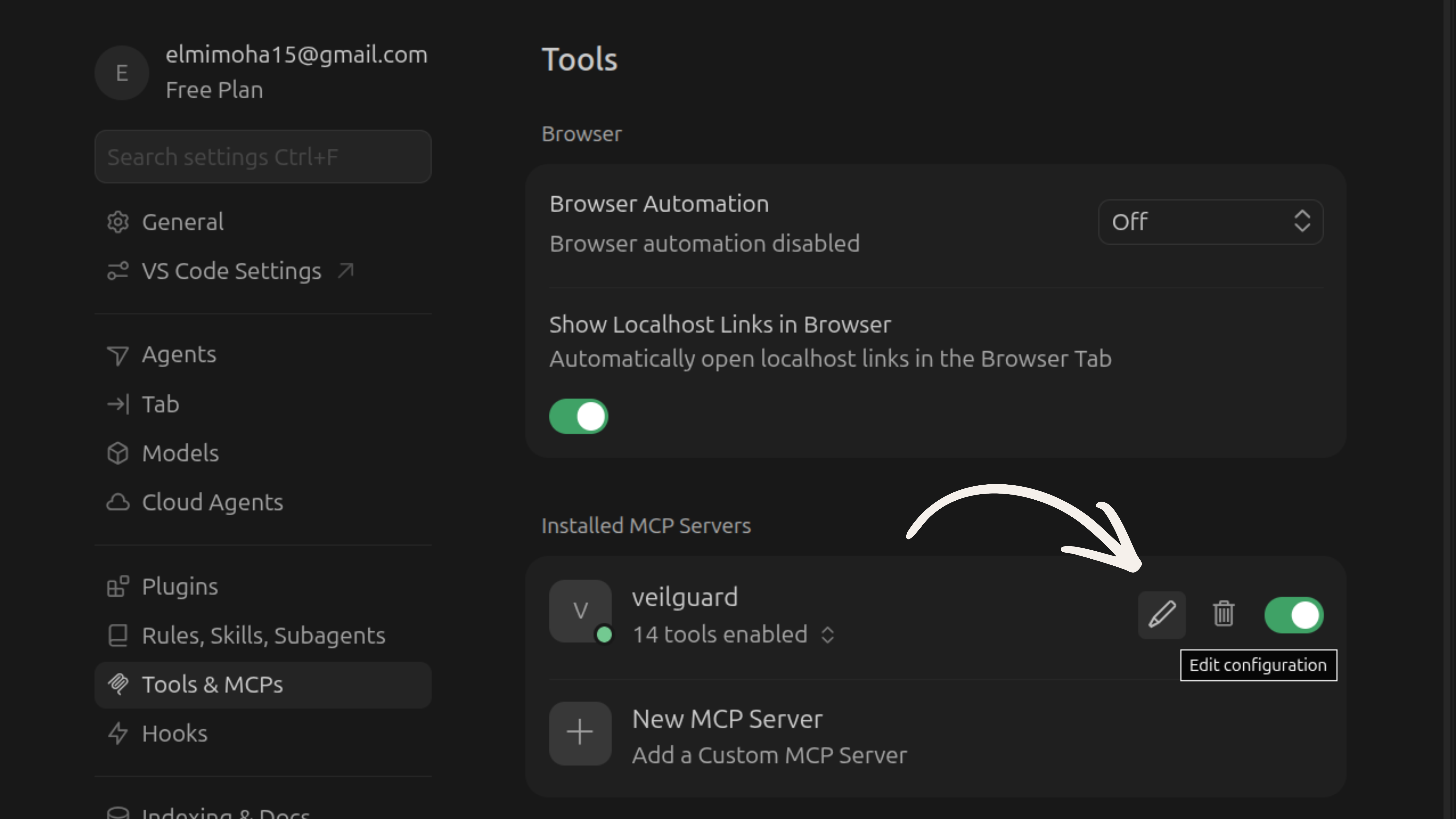 Cursor Tools & MCPs showing veilguard row with edit configuration (pencil) button highlighted by an arrow