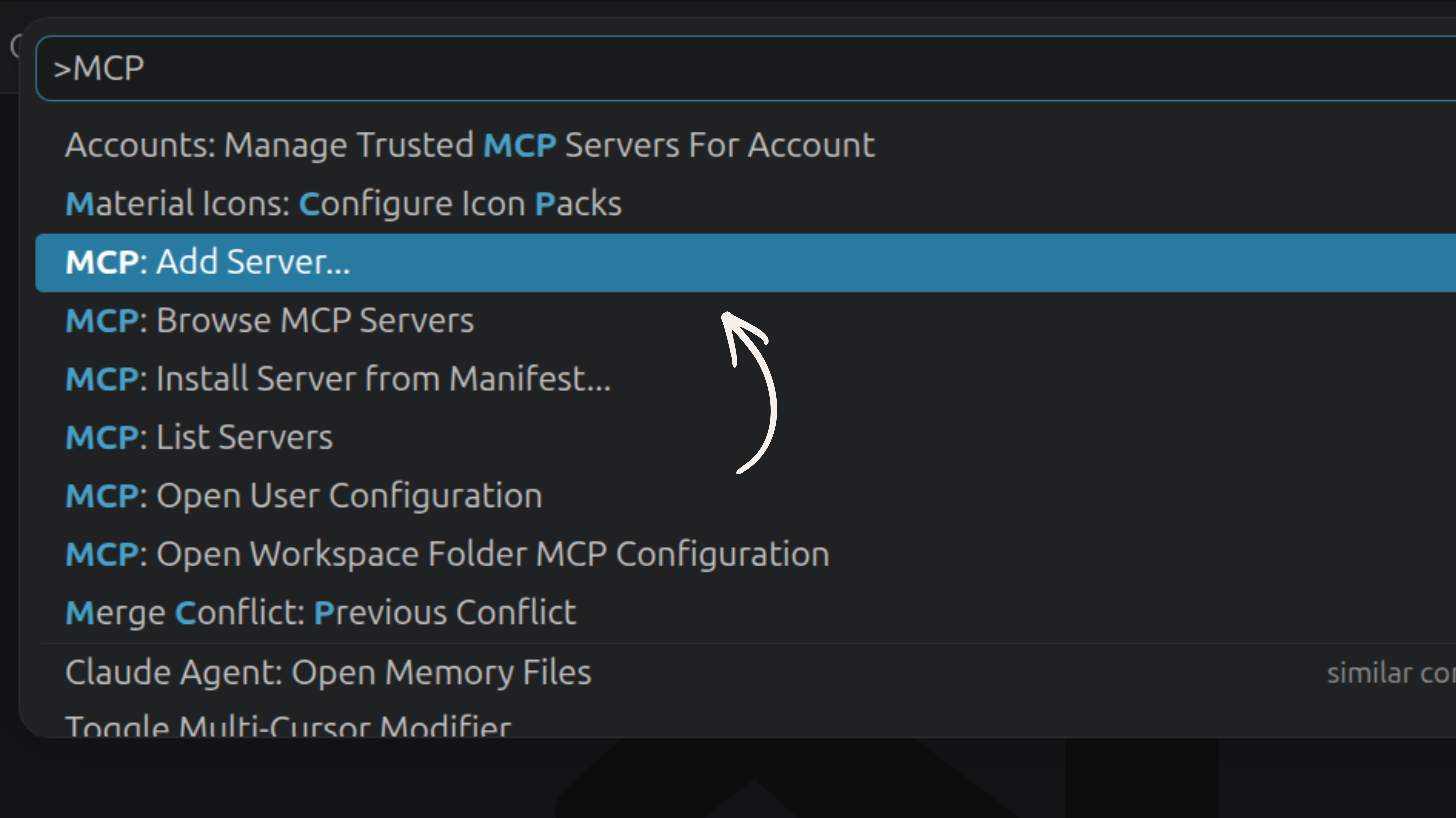 VS Code Command Palette with MCP typed, showing MCP: Add Server... highlighted with an arrow
