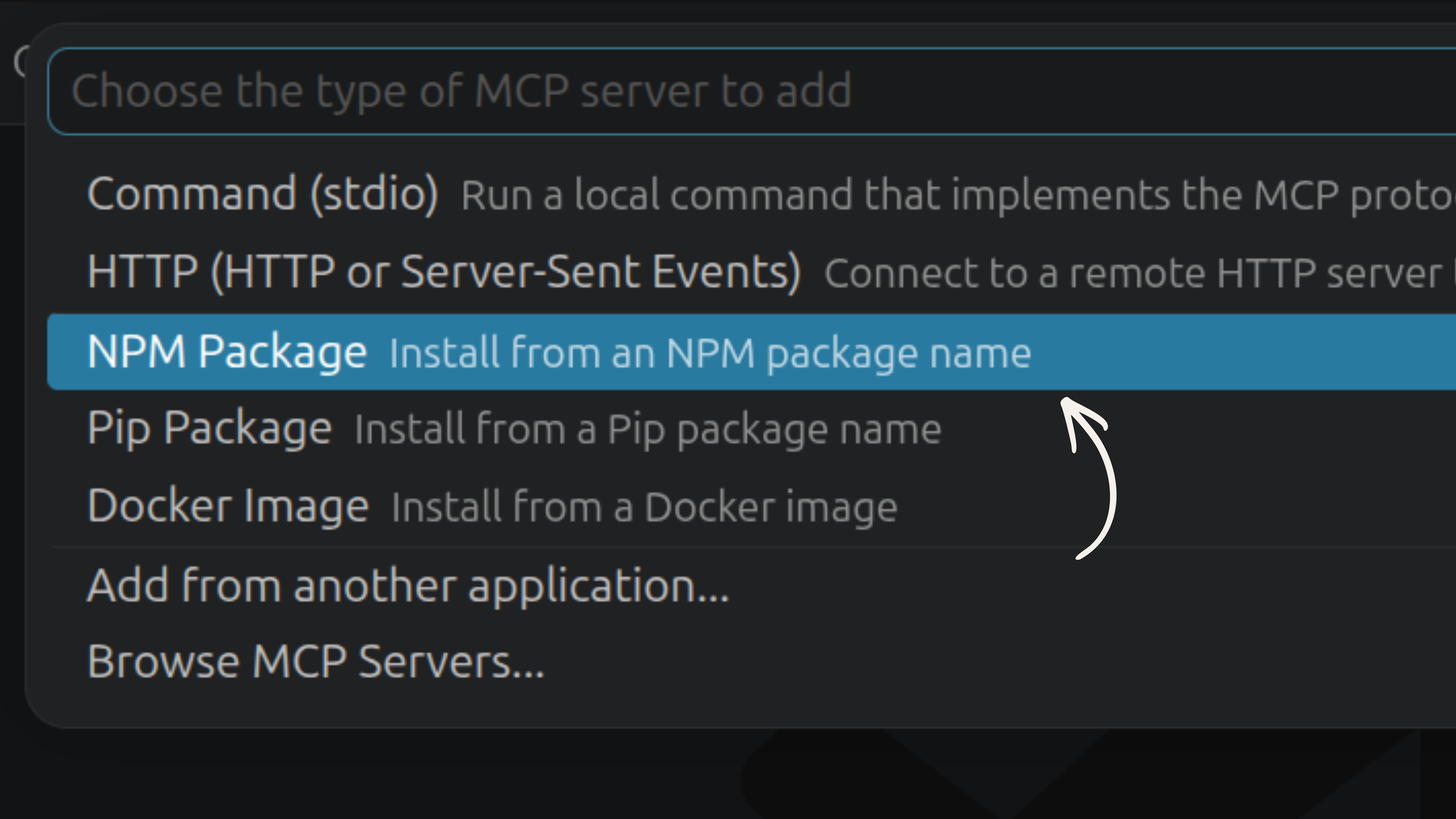 VS Code MCP server type picker with NPM Package option highlighted in blue and arrow pointing to it
