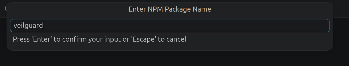 VS Code Enter NPM Package Name prompt with veilguard typed in
