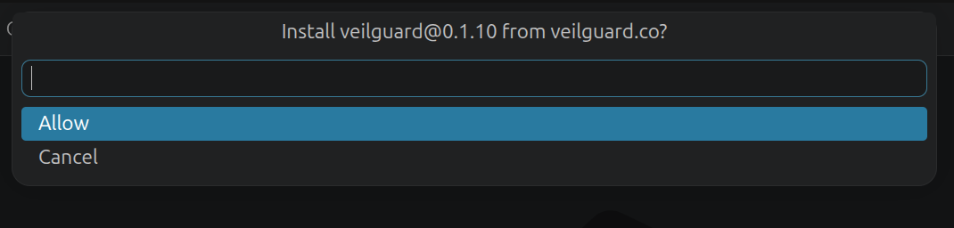 VS Code dialog asking to install veilguard from veilguard.co with Allow highlighted