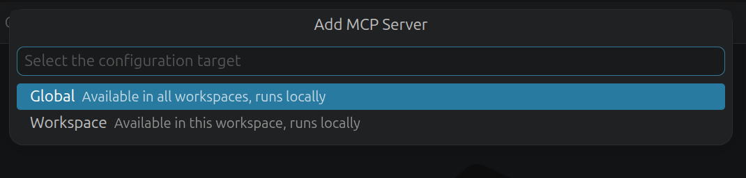VS Code Add MCP Server scope picker with Global option highlighted in blue