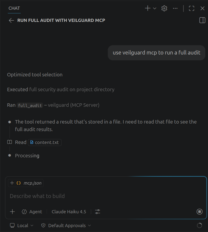 VS Code GitHub Copilot agent chat running a Veilguard full audit and showing full_audit tool results