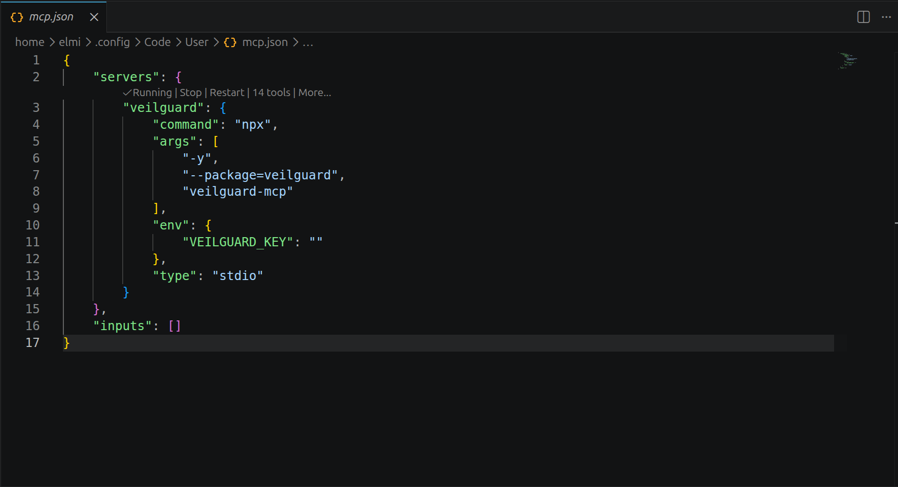 VS Code mcp.json file open showing veilguard server with Running status and 14 tools inline