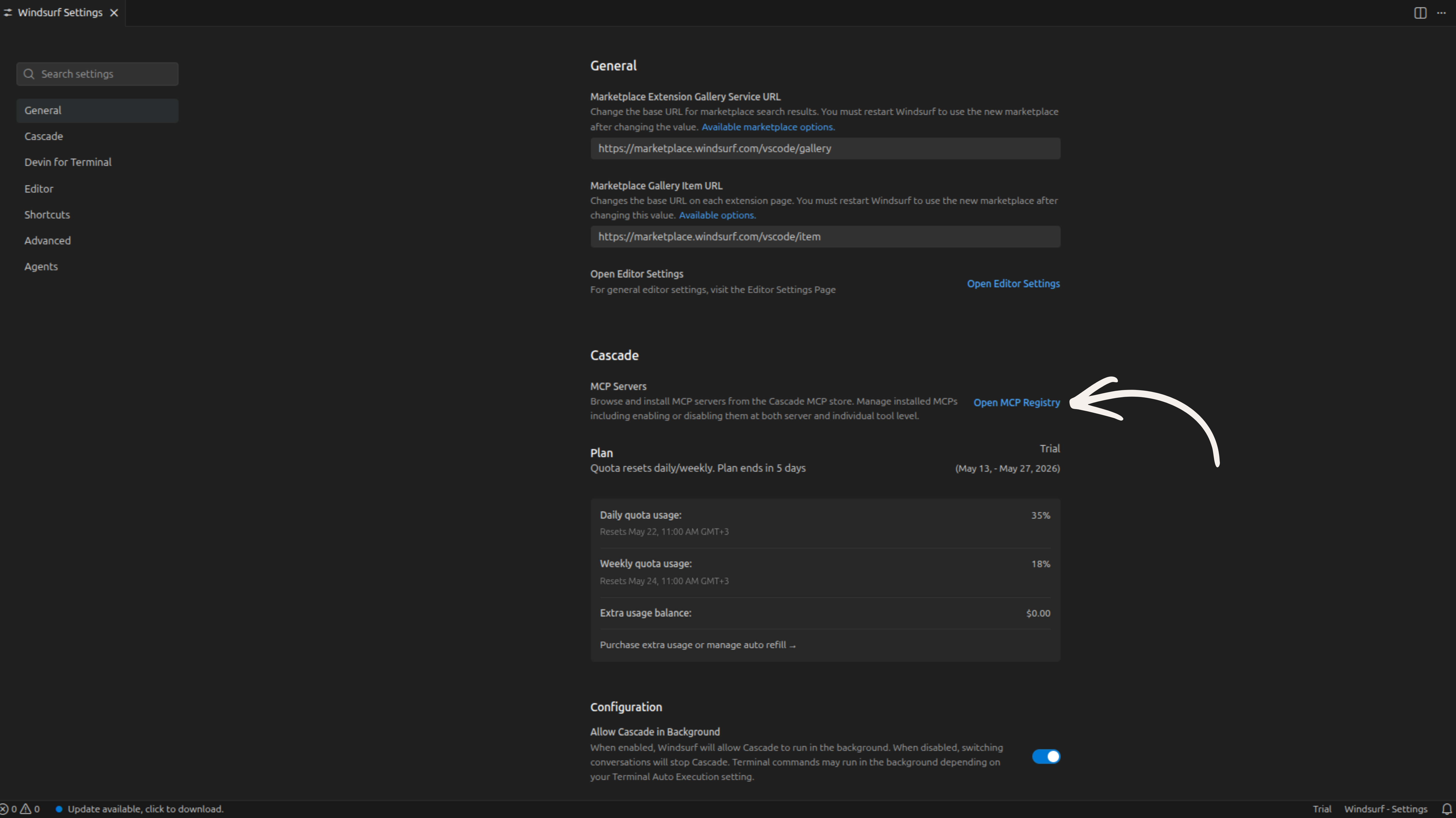 Windsurf Settings showing Cascade section with arrow pointing to Open MCP Registry button