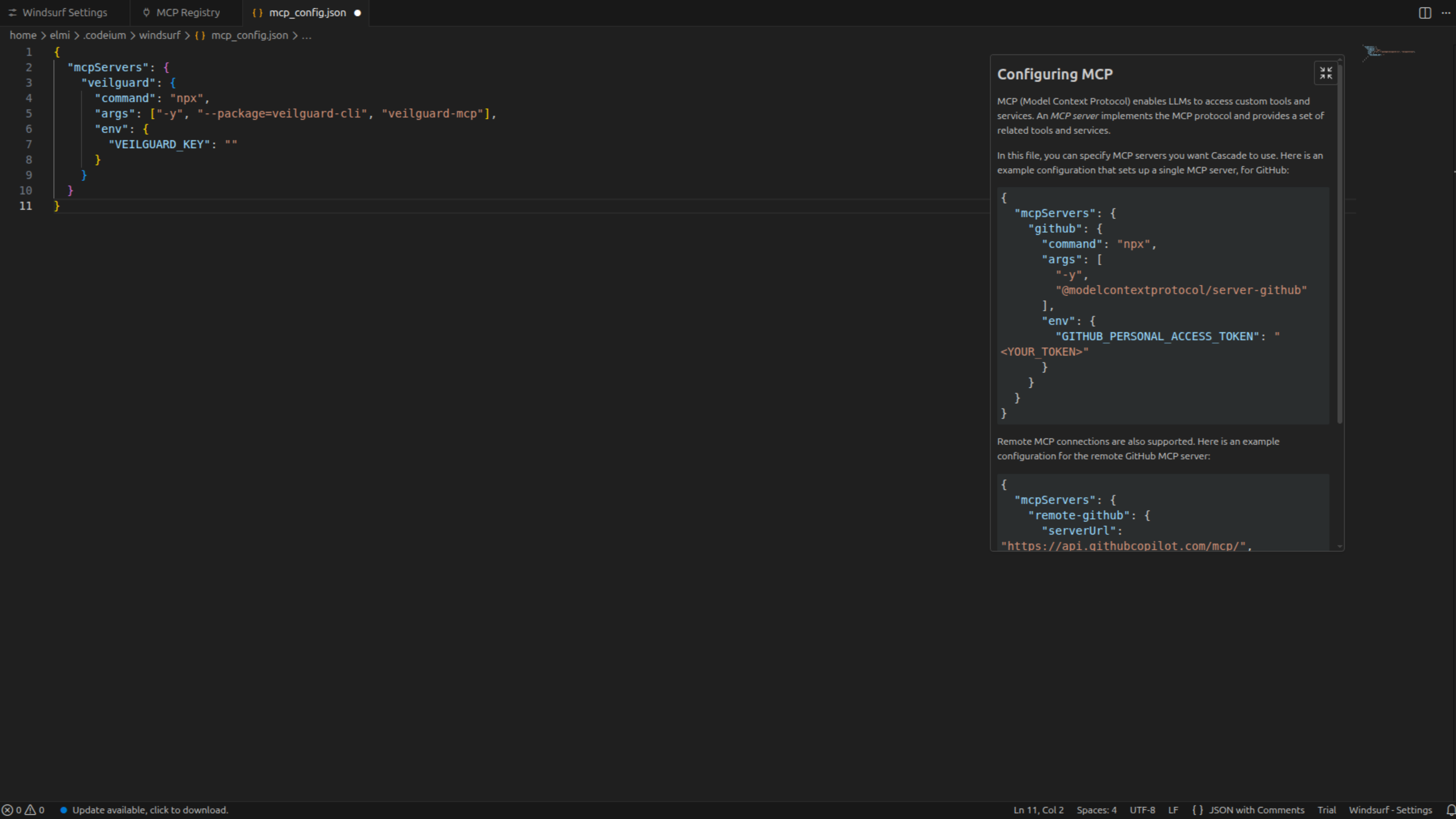 The mcp_config.json file open in Windsurf with the veilguard config pasted in and Configuring MCP side panel visible