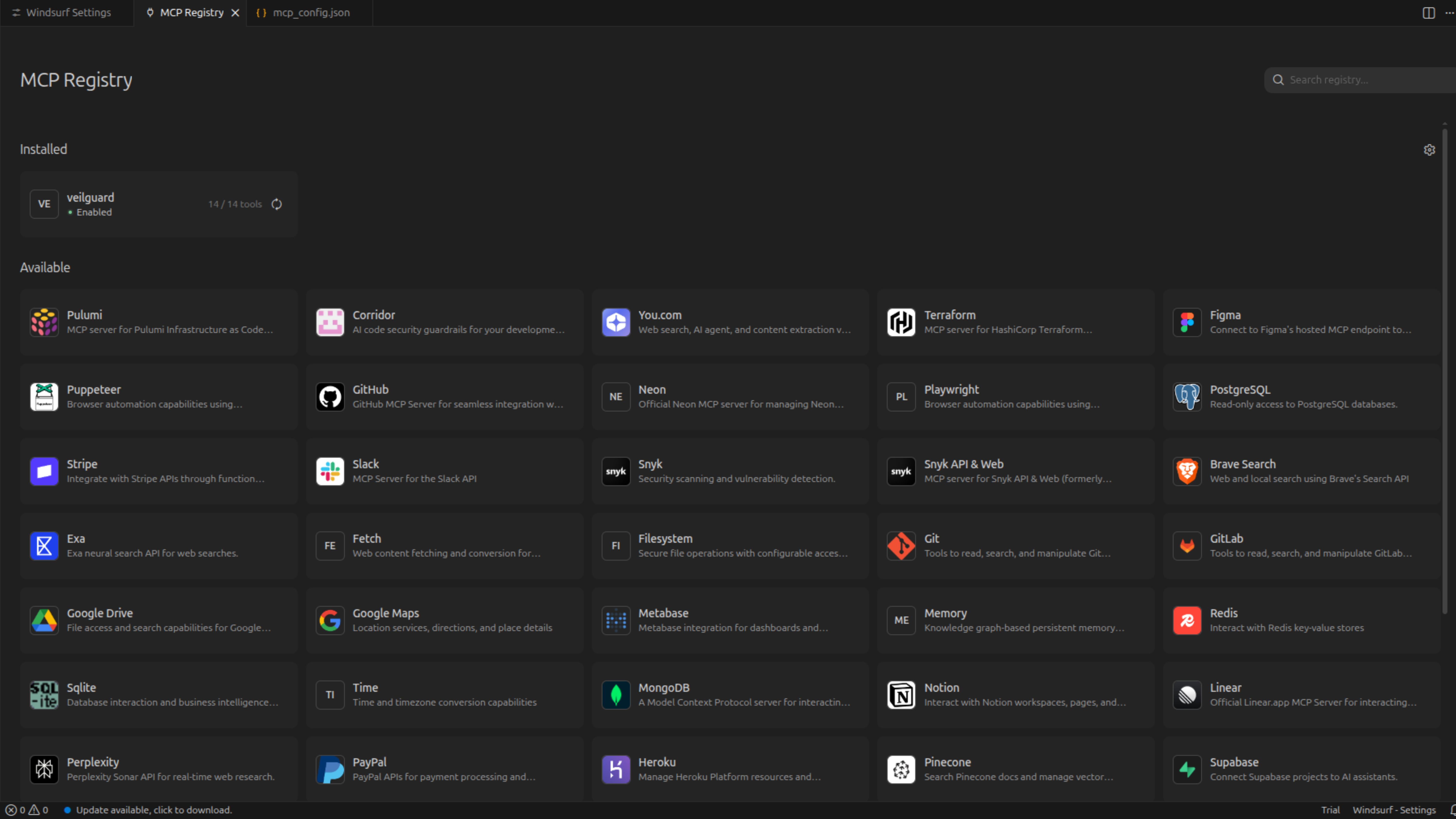 Windsurf MCP Registry Installed tab showing veilguard with 14/14 tools and Enabled badge