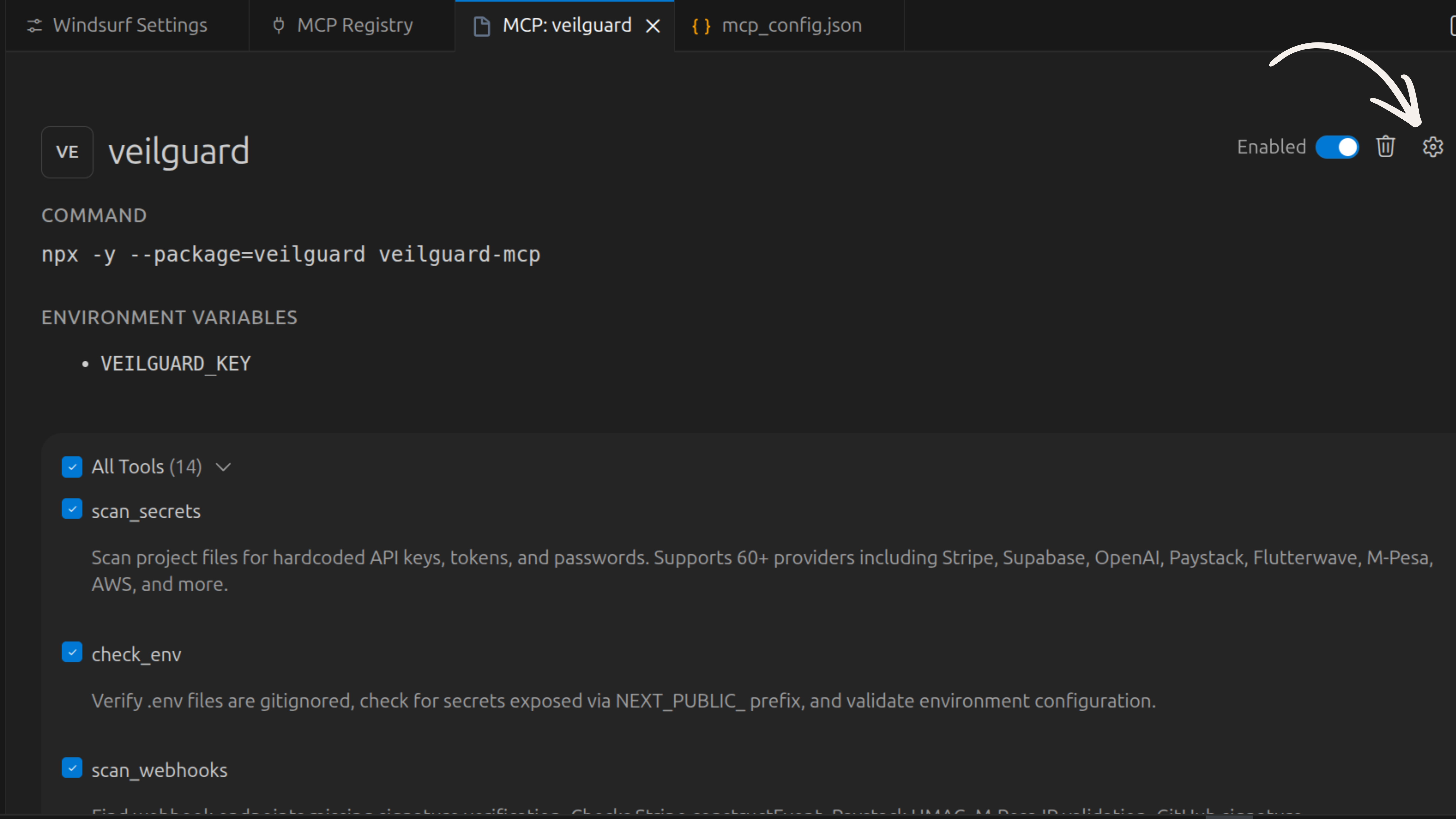 Windsurf veilguard MCP detail page showing all 14 tools enabled including scan_secrets, check_env, scan_webhooks