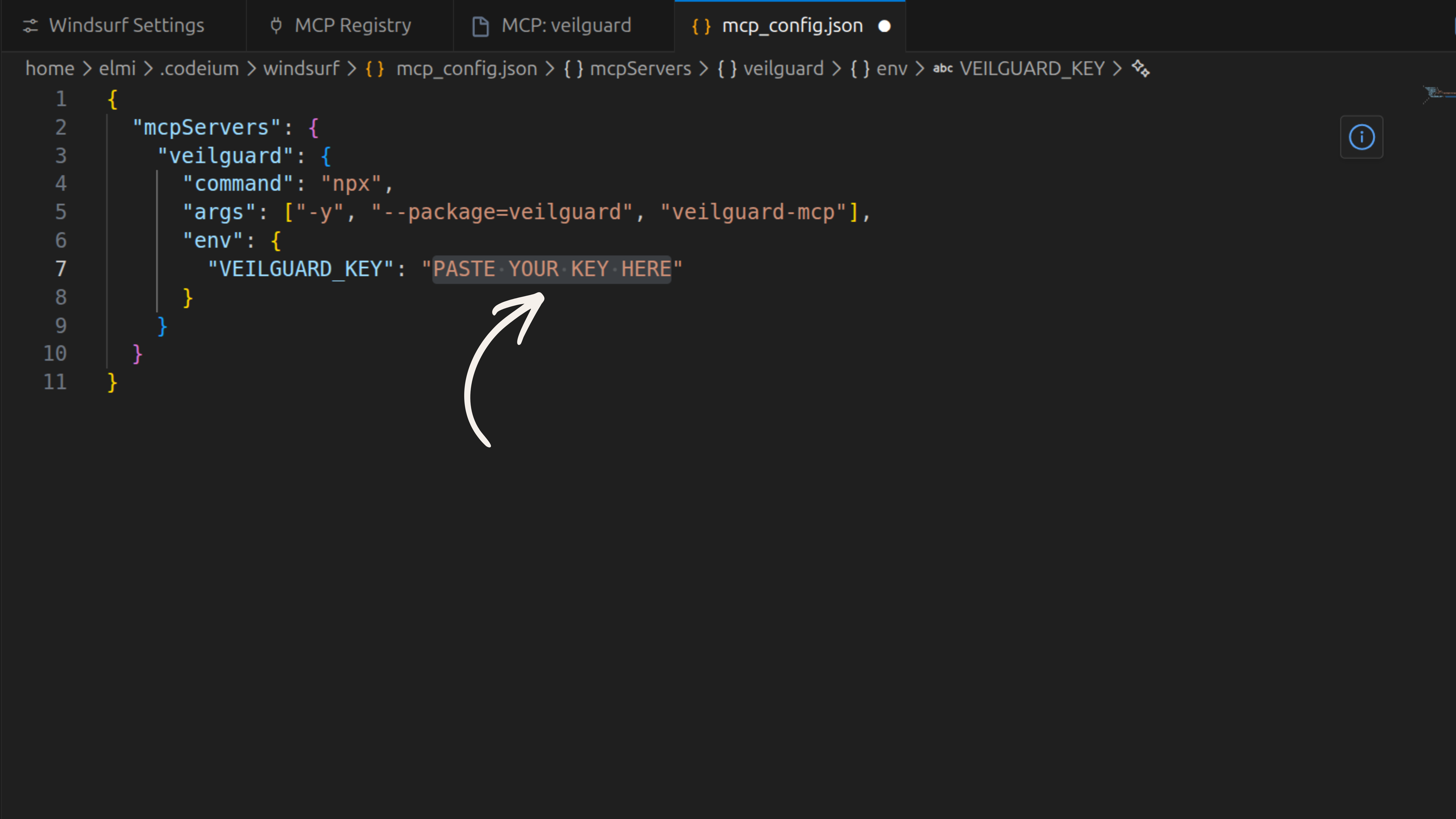 The mcp_config.json with VEILGUARD_KEY field showing PASTE YOUR KEY HERE highlighted with an arrow